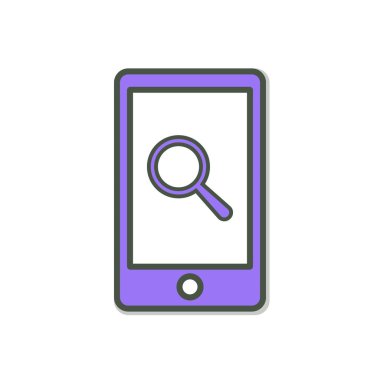 Araştırma işareti ile cep telefonu simgesi. Hücre telefon simgesini ve araştırmak, bulmak, kavramı incelemek