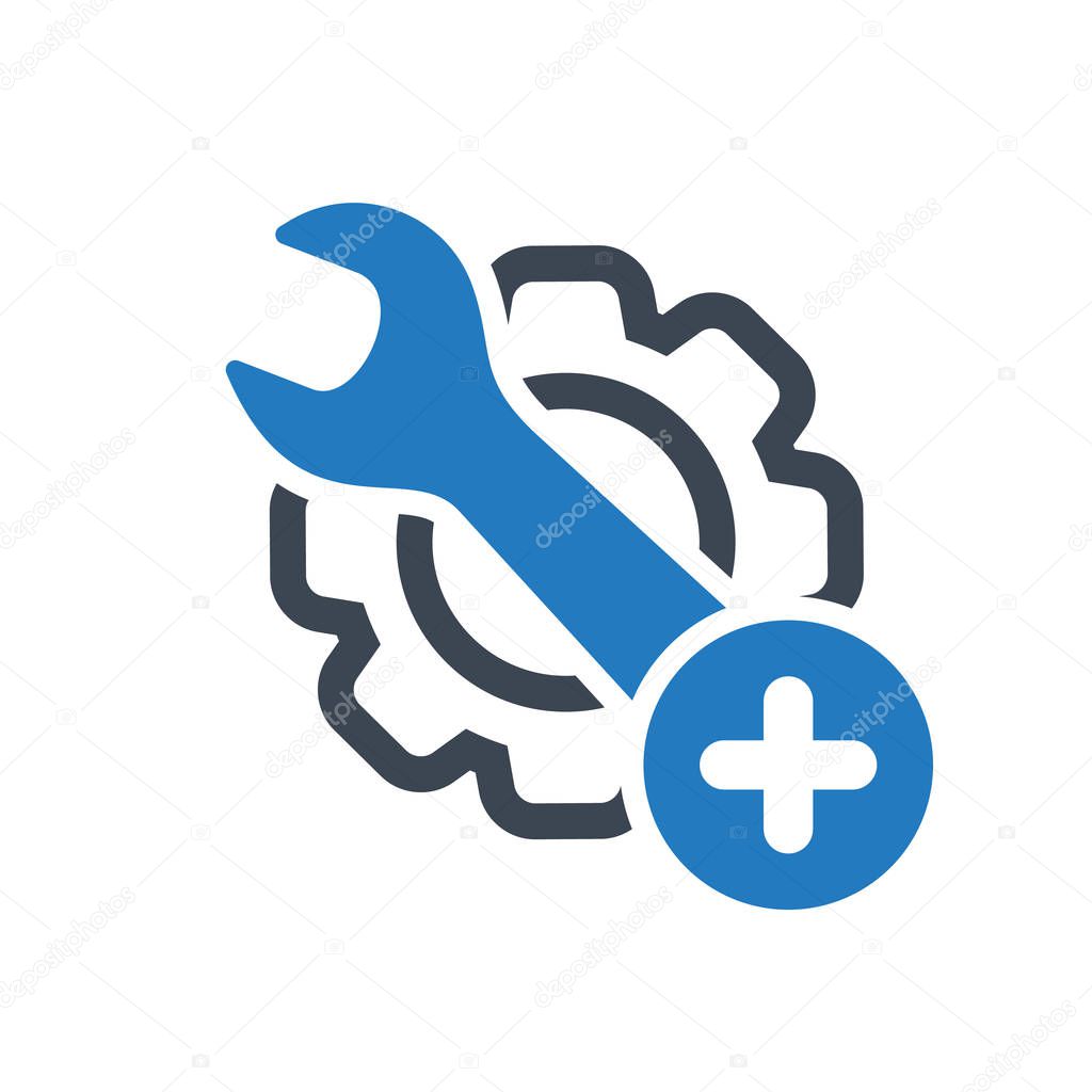 Maintenance icon with add sign. Maintenance icon and new, plus, positive symbol