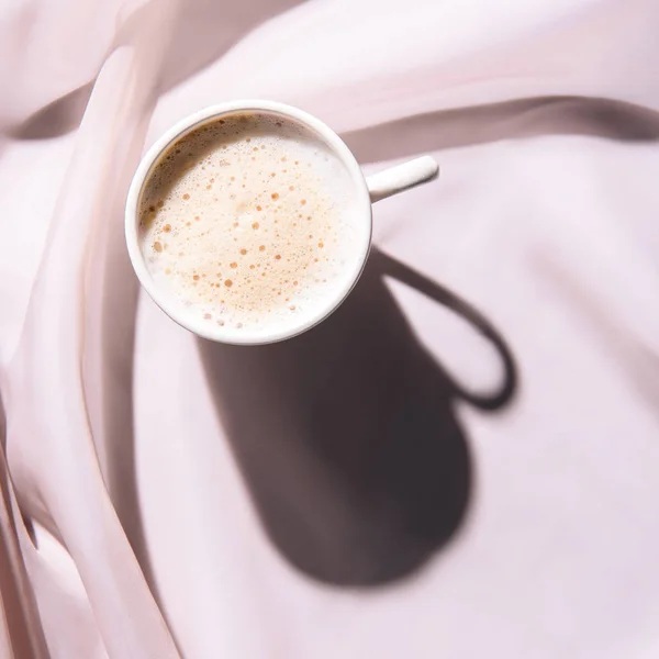 Top View Cup Coffee Pink Tablecloth Shadow — Stock Photo, Image