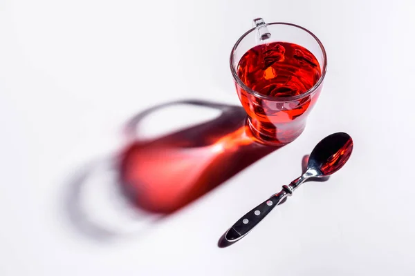 High Angle View Glass Cup Hibiscus Tea Spoon White Table — Free Stock Photo