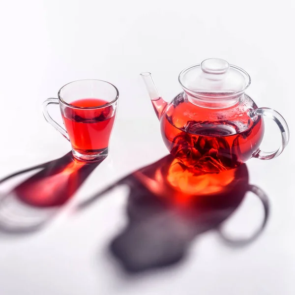 Glass Teapot Glass Cup Hibiscus Tea Tabletop — Stock Photo, Image