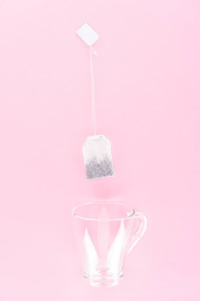 Top View One Tea Bag Empty Glass Cup Isolated Pink — Stock Photo, Image