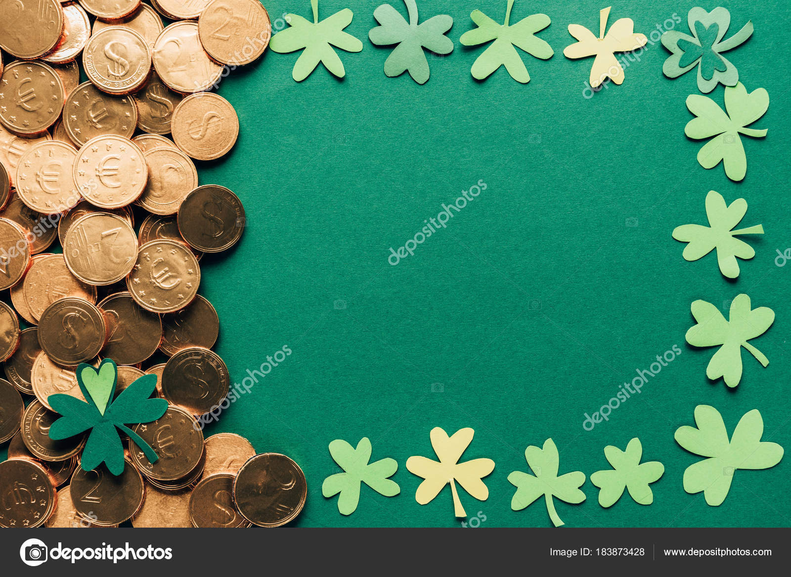 Top View Shamrock Golden Coins Green Patricks Day Concept — Stock Photo