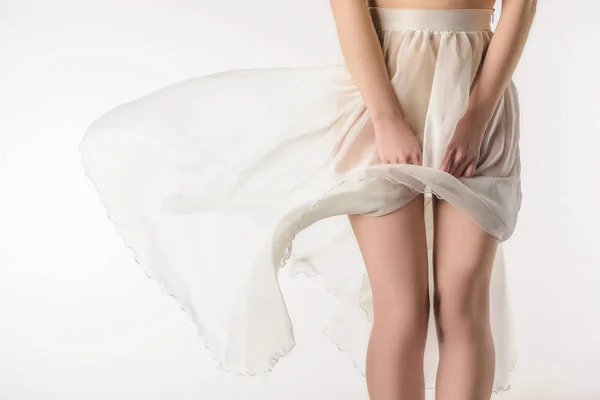 Vista Recortada Chica Sensual Falda Ondulante Transparente Aislado Blanco — Foto de Stock
