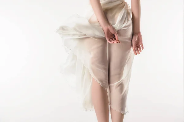 Back View Nude Girl Waving Chiffon Dress Isolated White — Stock Photo, Image