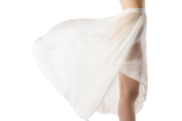 cropped view of nude girl in transparent chiffon dress, isolated on white