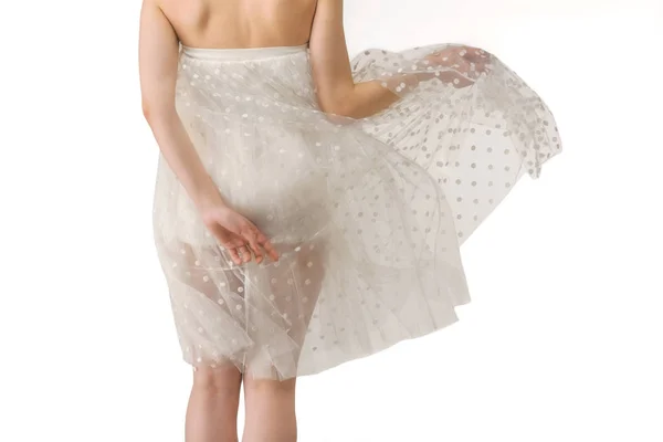 Visão Traseira Menina Posando Vestido Chiffon Transparente Isolado Branco — Fotografia de Stock