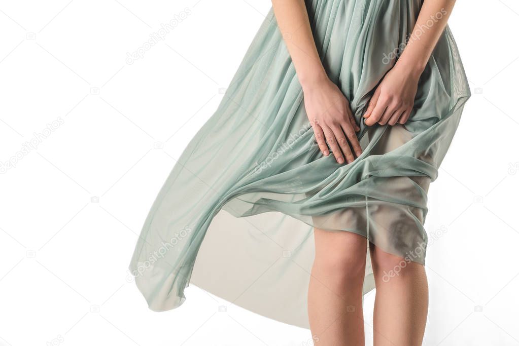 cropped view of sensual woman in transparent dress, isolated on white