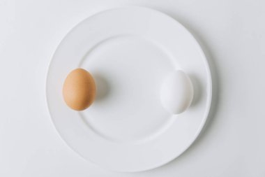Beyaz ve kahverengi yumurta beyaz arka plan üzerinde plaka üzerinde döşeme