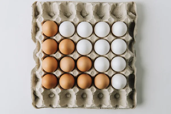 Huevos Blancos Marrones Que Ponen Cartón Huevo Sobre Fondo Blanco — Foto de Stock