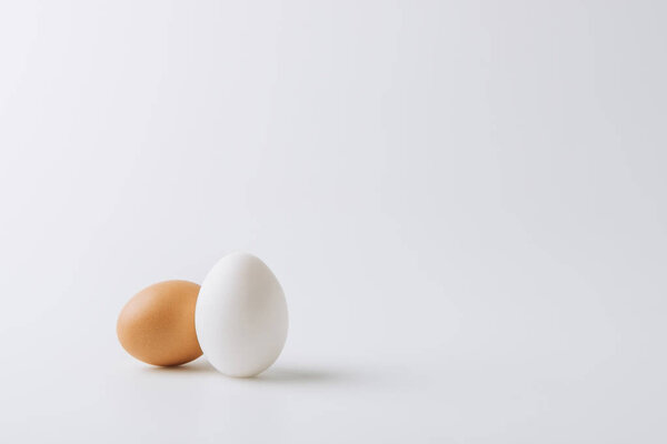 one white and one brown eggs laying on white background