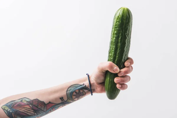 Hand Holding Green Cucumber Isolated White Background — Stock Photo, Image