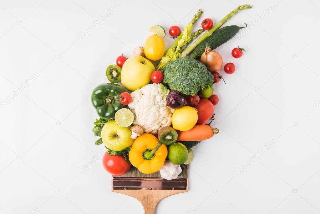 Farmers market concept with vegetables and fruits on brush isolated on white background