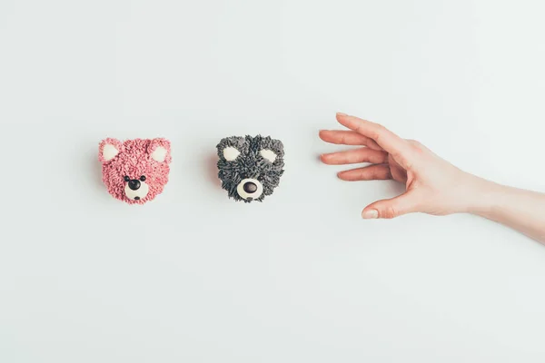 Tiro Cortado Mão Deliciosos Bolos Forma Ursos Isolados Cinza — Fotografia de Stock