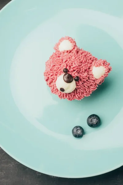 Top View Sweet Pink Muffin Shape Bear Fresh Blueberries Blue — Stock Photo, Image