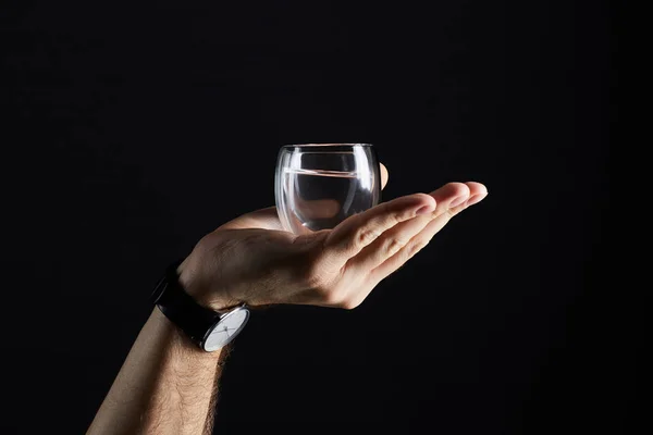 Cropped Shot Man Holding Glass Liquid Isolated Black — Stock Photo, Image