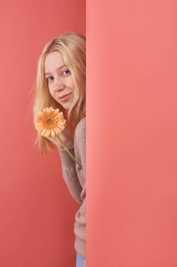 Kırmızı duvarın arkasında çiçek gerbera gözetleme ile mutlu genç kadın