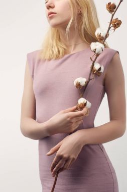 cropped shot of young woman in pink dress with cotton branch isolated on white clipart