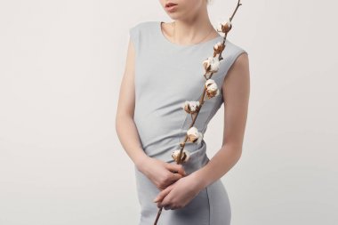 cropped shot of young woman in grey dress with cotton branch isolated on white clipart