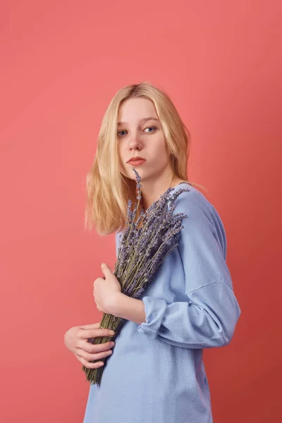 Beautiful Young Woman Bouquet Lavender Flowers Looking Camera Isolated Red — Stock Photo, Image