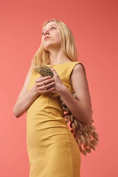 Attractive Young Woman Bouquet Lagurus Looking Isolated Red — Stock Photo, Image