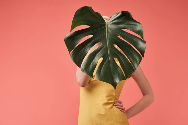 young woman covering face with monstera leaf isolated on red