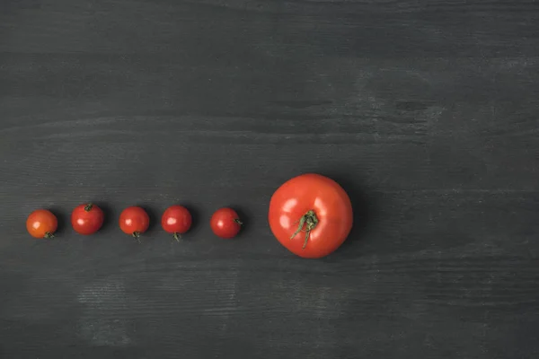 Płaskie Lay Dojrzałych Pomidorów Pomidorkami Ciemny Szary Blat Stołu — Zdjęcie stockowe