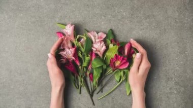 eller ve güzel Perulu lilyum ile hareket görüntüleri gri beton masa üzerinde durdur