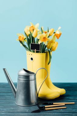 close up view of yellow bouquet of flowers and empty blackboard in rubber boots with watering can and gardening tools on wooden surface on blue clipart