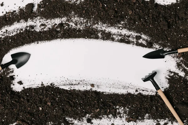 Top View Arranged Gardening Equipment Soil Isolated White — Stock Photo, Image