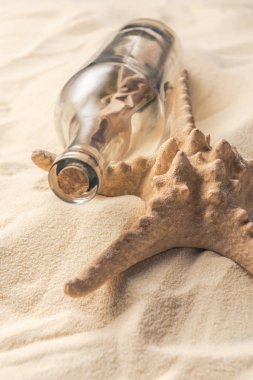 Corked bottle with message and starfish on light sand clipart