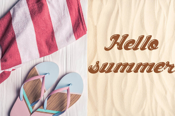 Flip flops and towel on sandy beach with hello summer inscription
