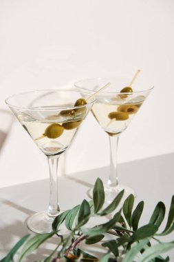 Beyaz arka planda gri yüzeyde martini ve zeytin dalı olan bardaklar.
