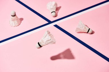Pembe arka planda mavi çizgileri olan Badminton mekikleri