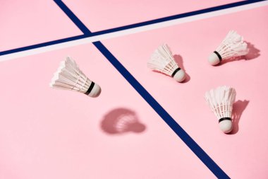 Pembe arka planda mavi çizgileri olan beyaz badminton mekikleri.