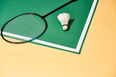 Metal badminton raketi ve top sahada çizgi ve sarı yüzeyi var.