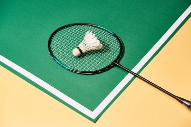 Metal badminton raketi ve yeşil ve sarı yüzey üzerinde kırmızı çizgili mekik horozu