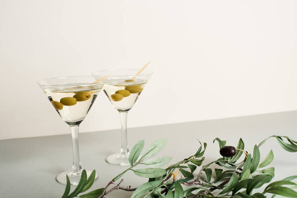 Коктейли в бокалах мартини с оливковой ветвью на серой поверхности, изолированные на белом
