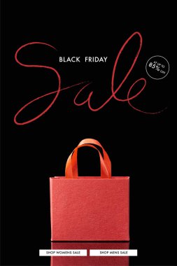 paper red shopping bag with handle isolated on black with black Friday sale illustration  clipart