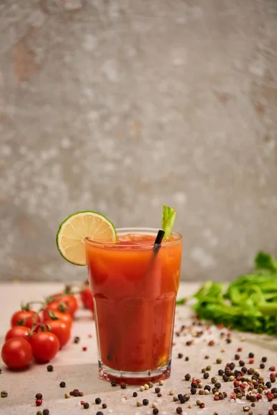 Selective Focus Bloody Mary Cocktail Glass Straw Lime Salt Pepper — Stock Photo, Image
