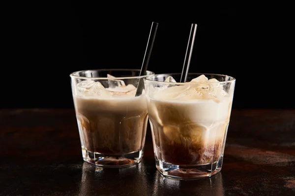 Fresh White Russian Cocktail Glasses Straws Isolated Black — Stock Photo, Image