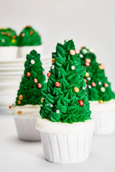 Delicious Christmas Tree Cupcakes White Surface Isolated Grey — Stock Photo, Image