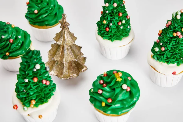 Delicious Cupcakes Decorative Golden Christmas Tree White Surface — Stock Photo, Image