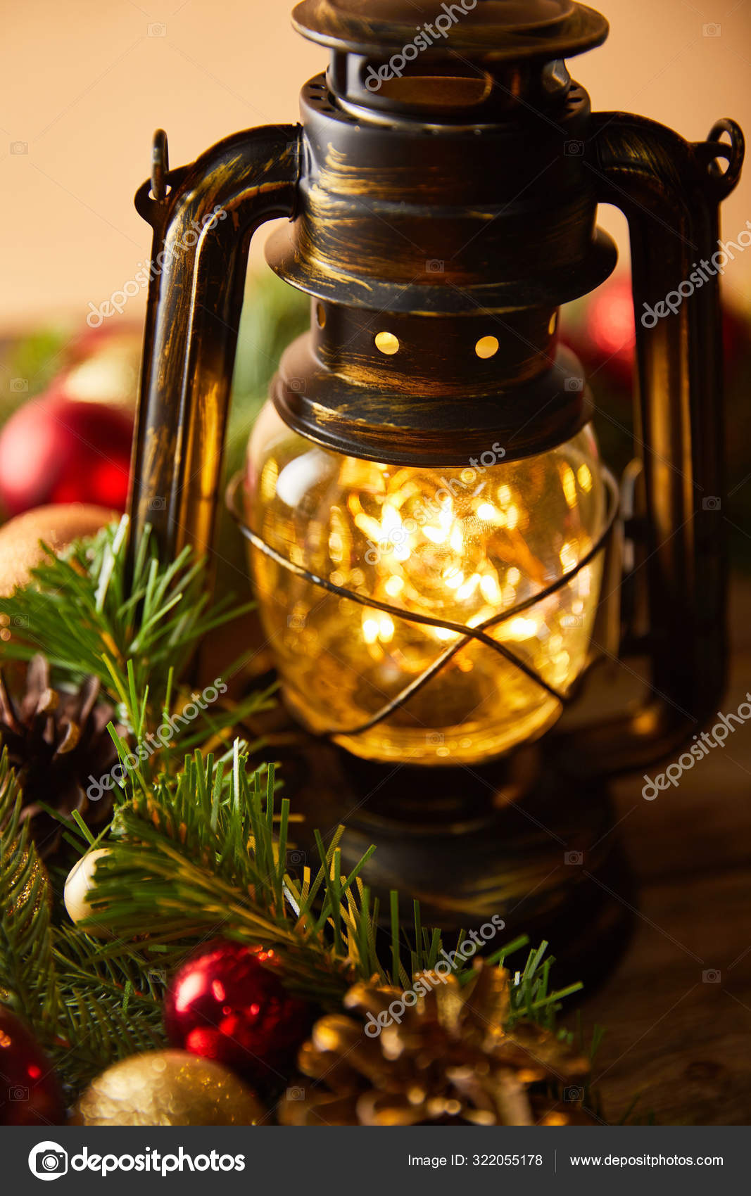 Close Decorative Vintage Oil Lamp Blurred Lights Spruce Branches