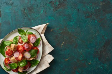 Lezzetli İtalyan sebze salatası panzanella tabakta servis edilen peçeteli yeşil yüzey.