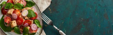 Lezzetli İtalyan sebze salatası panzanella tabakta servis edilen peçete ve çatalla dokulu yeşil yüzey, panoramik çekim