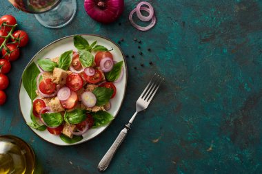 Lezzetli İtalyan sebzeli panzanella salatasının üst görüntüsü. Tabakta servis edilen malzemeler ve çatallı yeşil yüzey.