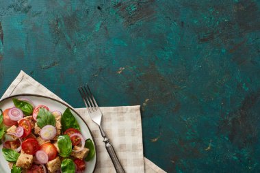 Lezzetli İtalyan sebze salatası panzanella tabakta servis edilen peçete ve çatalla dokulu yeşil yüzey.