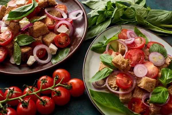 Verse Italiaanse Groentesalade Panzanella Geserveerd Borden Tafel Met Tomaten — Stockfoto