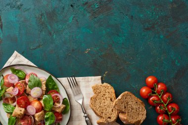 Lezzetli İtalyan sebze salatası panzanella tabakta servis edilen domatesli yeşil yüzey, ekmek, peçete ve çatal.